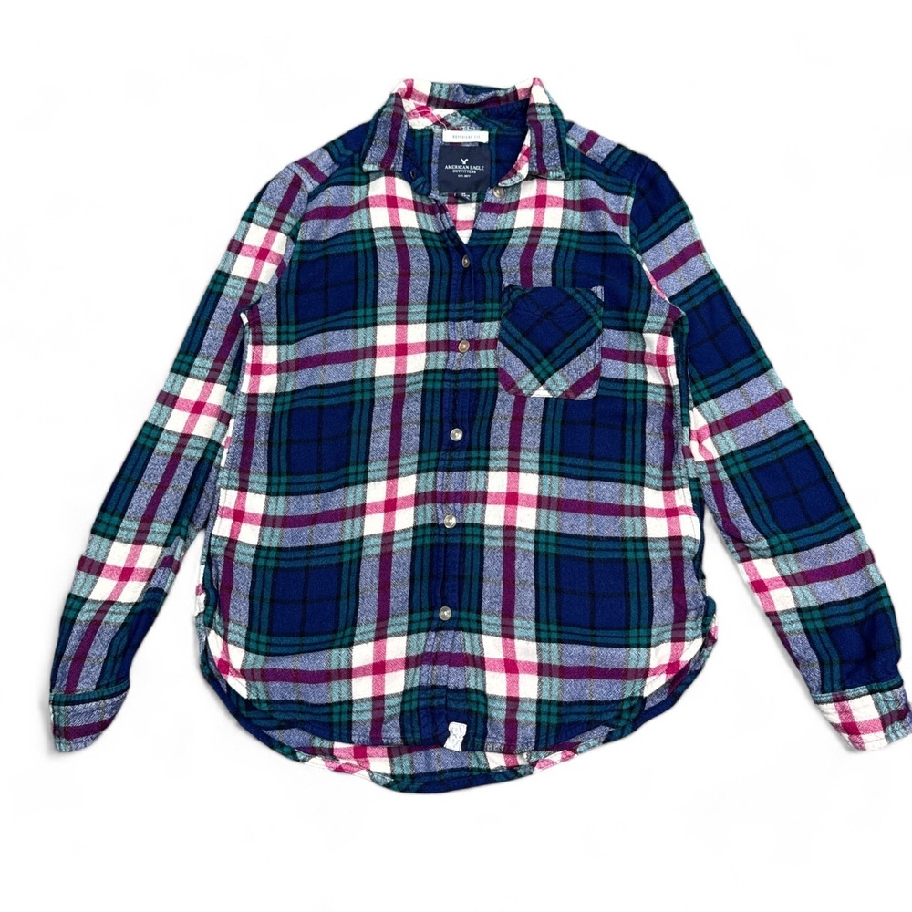 American Eagle Boyfriend Fit Flannel Shirt Womens Size XS Blue Plaid Lightweight